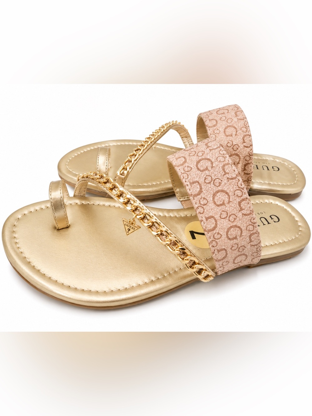 GUESS Gold Metallic Footbed with Blush Monogram Strap Chain Slide Sandals